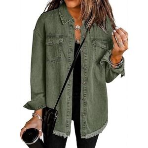 Zeagoo Women Green Denim Jacket Fringe Distressed Button Up Size L